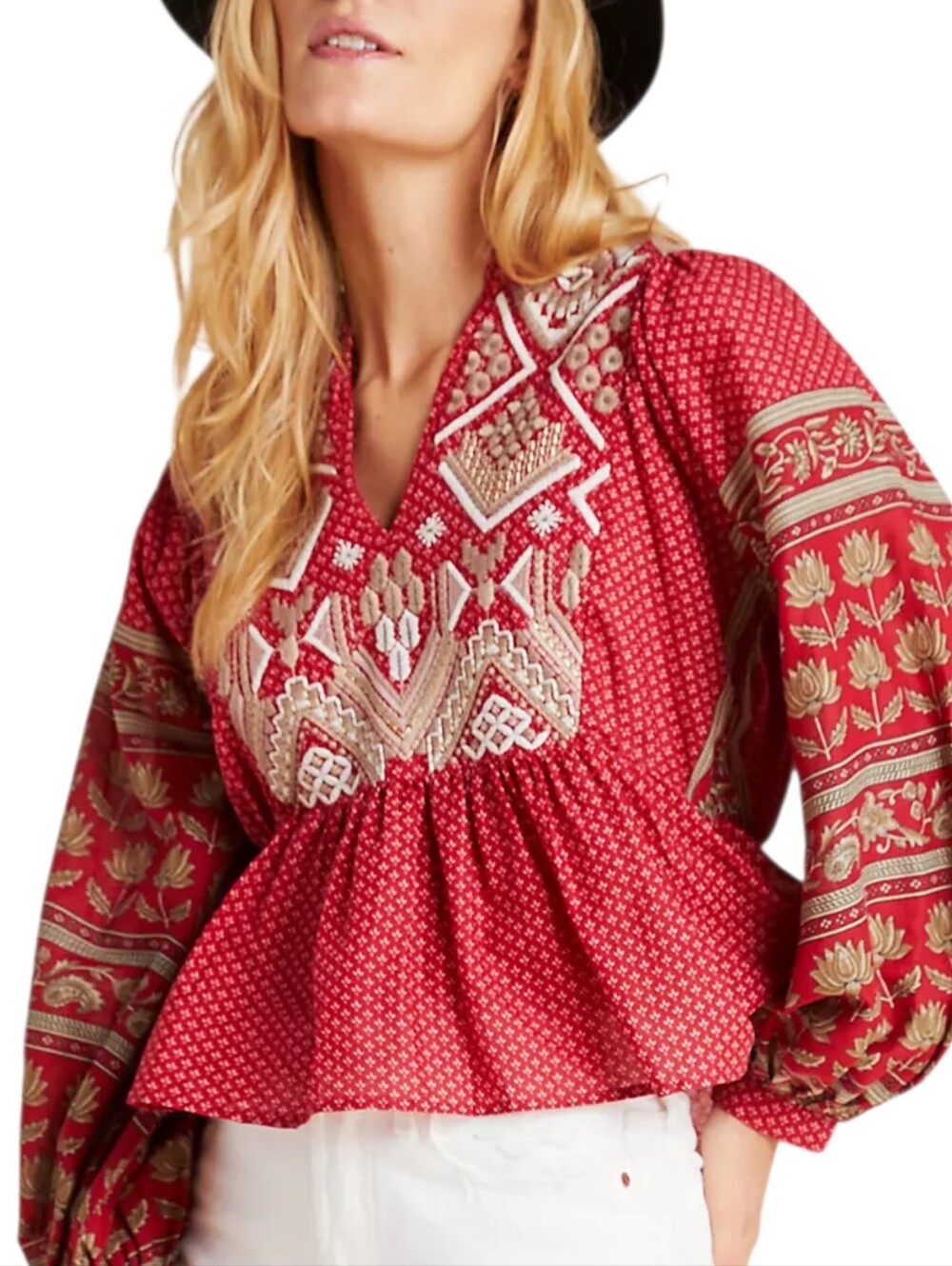 NWT Anthropologie Keira Embroidered Peplum Blouse Red Boho Balloon Sleeve SZ 14